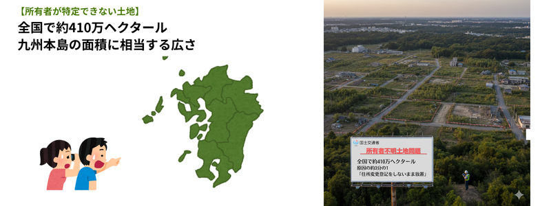所在者不明の土地

国土交通省の調査では、所有者が特定できない土地は 全国で約410万ヘクタール、九州本島の面積に相当する広さに及びます。そして、その原因の約3分の1が「住所変更登記をしないまま放置していること」にあるのです。

所有者が不明な土地は、災害復旧・公共工事・再開発などの妨げになっており、国としても対策が急務となっています。

